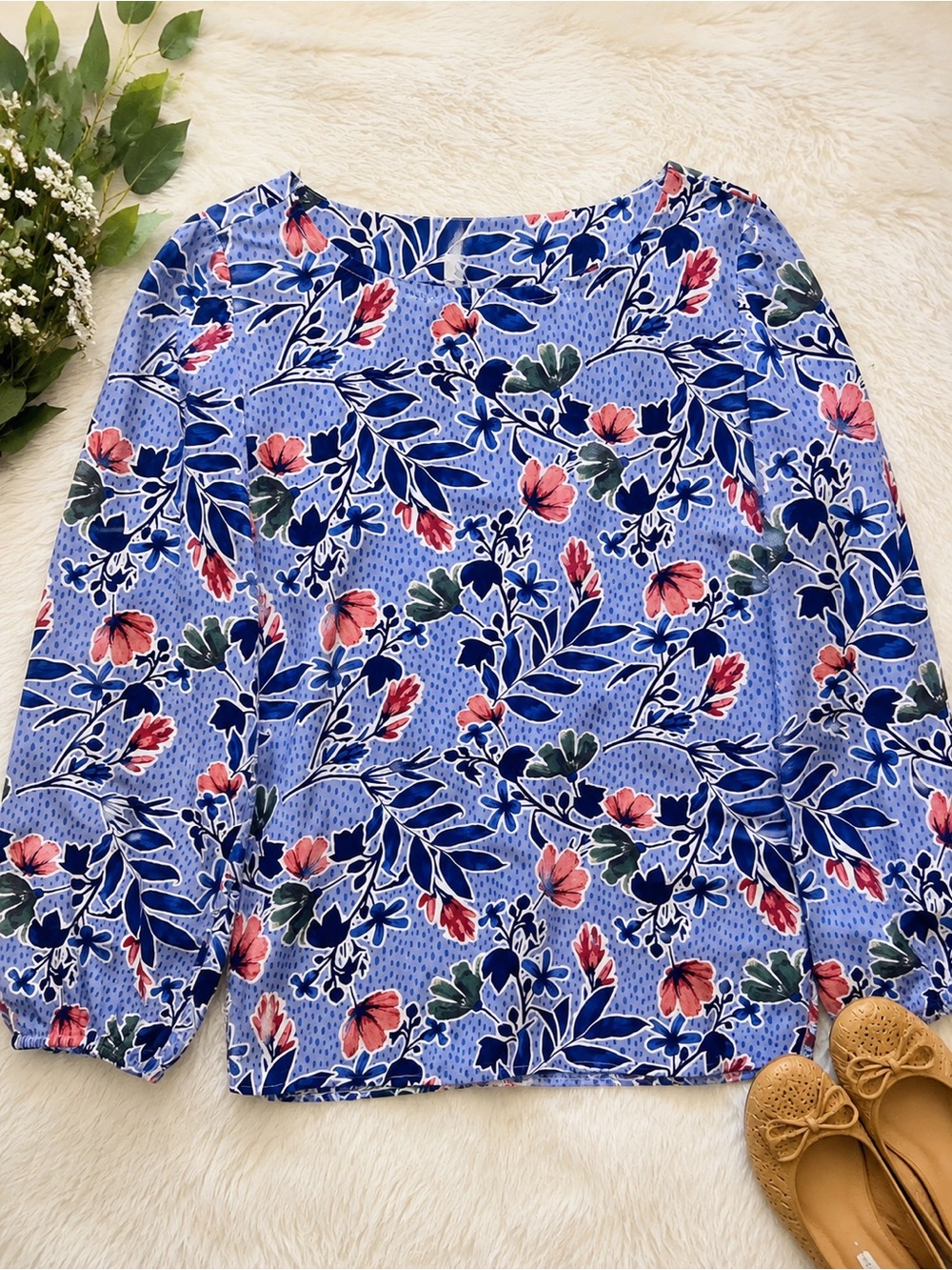 💙🧡Denim & Co Floral Long Sleeve Blouse Blue Pink Lightweight Top Size Small💙🧡